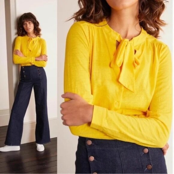 Boden Rachel Tie Neck Jersey Blouse Yellow Long Sleeve Button 10R - Picture 1 of 14
